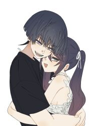  1boy 1girl alternate_costume black_hair black_shirt black_sleeves blouse blunt_ends breasts casual contemporary couple eyelashes fang fingernails frilled_shirt_collar frills from_side genshin_impact gradient_hair grey_eyes hair_between_eyes hair_tie half-closed_eyes hand_on_own_arm height_difference hetero highres hug long_hair looking_at_viewer mona_(genshin_impact) multicolored_hair open_mouth pink_hair scaramouche_(genshin_impact) shirt short_sleeves sideboob sidelocks skin_fang sleeveless sleeveless_shirt small_breasts smirk teeth tsurime twintails white_shirt wispy_bangs ysnden 