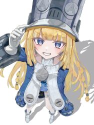  arm_at_side arm_up blonde_hair blue_coat blue_eyes blue_sleeves blush boots braid clenched_teeth coat collar commentary_request gloves grey_boots hand_on_headwear highres large_hat long_coat long_hair looking_at_viewer looking_up maon3_ntmy metal_wrist_cuffs naughty_face norma_hollowell smile teeth thigh-highs twin_braids very_long_hair violet_eyes white_background white_coat white_collar white_gloves wrist_cuffs zenless_zone_zero zettai_ryouiki 