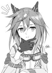  1girl animal_ears banzaibanzaibanzai commentary_request dot_nose ear_covers feather_hair_ornament feathers gloves goggles goggles_around_neck greyscale hair_between_eyes hair_ornament hatching_(texture) horse_ears horse_girl l_hand linear_hatching long_hair long_sleeves looking_at_viewer monochrome notice_lines shirt signature simple_background smile solo stay_gold_(sunlit_outsider)_(umamusume) stay_gold_(umamusume) torn_clothes torn_sleeves umamusume upper_body v-shaped_eyebrows white_background wrist_belt 