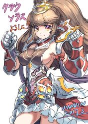  1girl armor breasts brown_hair brown_shoes claidheamh_soluis_(p&amp;d) closed_mouth dress frills gradient_eyes hair_ornament highres multicolored_eyes ninnin_(shishitou) pink_hair ponytail puzzle_&amp;_dragons shoes sideboob skirt smile solo standing white_background 