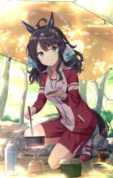  1girl ahoge animal_ears blue_eyes blush bottle breasts brown_hair camping closed_mouth commentary_request commission cooking daring_tact_(umamusume) forest gym_shirt hair_ornament highres holding holding_ladle holding_saucer horse_ears horse_girl horse_tail jacket kneeling ladle long_hair looking_at_viewer mixed-language_commentary murasaki_himuro nature outdoors portable_stove red_jacket red_shorts saucer shirt shorts skeb_commission solo star_(symbol) star_hair_ornament tail tracen_training_uniform track_jacket umamusume white_shirt 