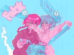  ... 2girls bicycle blue_eyes blue_hair braid cherririce closed_mouth commentary dougi english_commentary eye_contact highres looking_at_another multiple_girls on_bicycle open_mouth pink_eyes pink_hair pink_lips ranma_1/2 riding riding_bicycle saotome_ranma saotome_ranma_(female) scene_reference short_hair single_braid spoken_ellipsis tendou_akane 