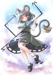  1girl animal_ears black_skirt black_vest bloomers blue_capelet brown_shoes capelet commentary_request commission dowsing_rod dual_wielding full_body grey_hair holding holding_with_tail jewelry loafers long_sleeves looking_at_viewer medium_hair miy_001 mouse_(animal) mouse_ears mouse_girl mouse_tail nazrin pendant pink_eyes prehensile_tail shirt shoes signature skeb_commission skirt socks solo tail touhou vest white_bloomers white_shirt white_socks 