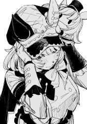  1girl animal_ears bow breasts cape commentary ear_covers ears_through_headwear from_above hair_between_eyes hand_puppet hands_up hat highres horse_ears horse_girl jacket long_sleeves marche_lorraine_(racing)_(umamusume) marche_lorraine_(umamusume) mismatched_ear_covers monochrome puppet short_hair solo sugarbeat umamusume untranslatable_commentary 