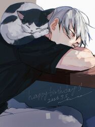  1boy absurdres black_hair cat closed_eyes colored_tips commentary_request dated english_text grey_pants haikyuu!! happy_birthday head_rest highres kita_shinsuke male_focus multicolored_cat multicolored_hair nico_0 pants short_hair simple_background sitting sleeping solo table very_short_hair white_background white_hair 