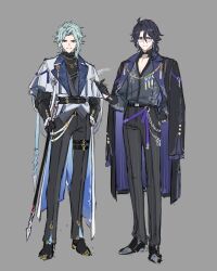  2boys absurdres ahoge alternate_costume belt black_belt black_choker black_gloves black_hair black_jacket black_pants black_shirt black_shoes black_sweater black_vest blue_hair blue_jacket buttons cane choker closed_mouth collarbone colored_inner_hair dottore_(genshin_impact) earrings empty_eyes full_body genshin_impact glasses gloves gold_necklace grey_background hair_between_eyes hand_in_pocket hand_up highres holding holding_cane holding_smoking_pipe jacket jewelry long_sleeves looking_at_viewer male_focus multicolored_hair multiple_boys necklace open_clothes open_jacket pantalone_(genshin_impact) pants papajay_(jennygin2) pink_eyes puffy_long_sleeves puffy_sleeves purple_hair purple_jacket semi-rimless_eyewear shirt shoes short_hair simple_background single_earring smile smoke smoking_pipe standing striped_clothes striped_pants sweater teeth thigh_strap turtleneck turtleneck_sweater two-sided_fabric two-sided_jacket v-shaped_eyebrows vest violet_eyes wavy_hair white-framed_eyewear white_jacket 