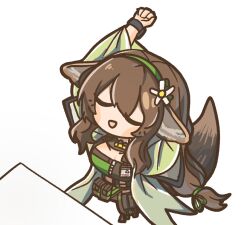  1girl :d animal_ears arknights banbon brown_hair chibi chibi_only closed_eyes cropped_torso fox_ears fox_tail green_hairband hair_between_eyes hairband id_card korean_commentary long_hair low-tied_long_hair perfumer_(arknights) perfumer_the_distilled_(arknights) sidelocks smile solo stretching table tail very_long_hair 