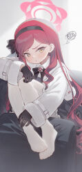  1girl absurdres backlighting belt belt_buckle black_bow black_bowtie black_gloves black_hairband black_skirt blue_archive bow bowtie buckle closed_mouth commentary couch dot_nose drill_hair drill_sidelocks feet frilled_skirt frills full_body furrowed_brow gloves hair_behind_ear hair_bow hairband halo hand_up highres jacket knees knees_up long_hair long_sidelocks natsu97 on_couch pantyhose puffy_sleeves red_hair red_halo sidelocks simple_background sitting skirt solo squiggle swept_bangs takane_(blue_archive) untranslatable_commentary very_long_hair white_background white_belt white_jacket white_pantyhose wrist_belt yellow_eyes 