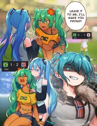  2026_fifa_world_cup 3girls absurdres aqua_eyes aqua_hair aqua_necktie brazilian_flag brazilian_flag_print brazilian_miku detached_sleeves dual_persona english_text flag_print grey_shirt hatsune_miku highres long_hair multiple_girls necktie norway rectangular_earrings shirt sleeveless sleeveless_shirt speech_bubble tan twintails very_long_hair vocaloid widvnhak world_cup 