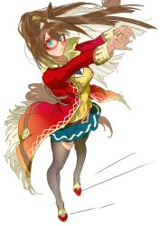  1girl absurdres animal_ears arms_up bamtol_uma black_thighhighs blue_eyes blue_skirt breasts brown_hair coat commentary_request domino_mask el_condor_pasa_(el_numero_1)_(umamusume) el_condor_pasa_(umamusume) eye_mask full_body hair_between_eyes highres horse_ears horse_girl korean_commentary long_hair looking_at_viewer mask miniskirt open_clothes open_coat red_coat red_mask red_shoes shirt shoes simple_background skirt smile solo standing stretching thigh-highs umamusume white_background yellow_shirt 