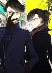  1boy 1girl adjusting_eyewear black_coat black_gloves black_hair blue_coat brown_eyes coat glasses gloves hair_over_shoulder hand_on_own_hip hashigami_sarai long_hair occultic;nine ponytail round_eyewear science_adventure shinjou_(rinao2) short_hair smile sumikaze_touko yellow_eyes 