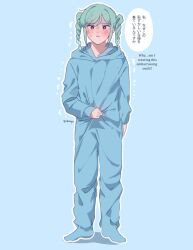  1girl blue_background blue_jumpsuit blush braid commentary_request embarrassed green_hair highres holding jumpsuit love_live! love_live!_superstar!! onitsuka_tomari open_mouth red_eyes signature translated twin_braids yumayu 