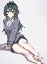  1girl antenna_hair asupa_mayo0210 barefoot black_skirt breasts cardigan closed_mouth collared_shirt commentary_request crossed_bangs feet furrowed_brow gakuen_idolmaster green_eyes green_hair grey_cardigan hair_between_eyes hand_on_ground highres idolmaster jacket knees lapels light_blush long_hair long_sleeves looking_at_viewer medium_breasts on_ground pleated_skirt puffy_sleeves shirt sidelocks simple_background sitting skirt soles solo suit_jacket thighs toes tsukimura_temari white_shirt 