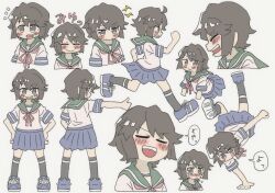  1girl :d absurdres black_hair black_socks blue_shoes blue_skirt blush blush_stickers bocchi-ya-nawi closed_eyes green_sailor_collar grey_background grey_eyes grey_shirt grin hands_on_own_hips handstand highres kantai_collection lightning_bolt_symbol miyuki_(kancolle) multiple_views neck_ribbon nose_blush notice_lines outstretched_arm pink_ribbon pleated_skirt ribbon running sailor_collar school_uniform serafuku shirt shoes short_sleeves simple_background skirt smile socks tears thumbs_up translation_request v-shaped_eyebrows 