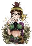  1girl akizuki_ritsuko belt bracelet brown_hair buckle code-aa coin crown earrings glasses gold_bar grin hand_on_own_face headband highres hoop_earrings idolmaster jewelry looking_away midriff scepter smile solo treasure_chest 