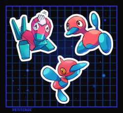  artist_name black_background evolutionary_line grid_background hand_cursor no_humans outline petitcroc pokemon pokemon_(creature) porygon porygon-z porygon2 white_outline 
