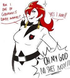  1girl ariana_(pokemon) belt black_belt breasts commentary earrings english_commentary english_text jewelry luzzychuus medium_hair pokemon pokemon_heartgold_and_soulsilver red_hair red_lips smirk solo sparkle sparkling_aura team_rocket triangle_earrings 