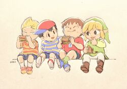  4boys animal_crossing baseball_cap black_hair blonde_hair blue_shoes boots brown_boots brown_hair burger food food_on_face full_body green_hat green_tunic hat holding holding_food licking licking_finger licking_lips link lucas_(mother_3) male_focus mother_(series) mother_2 mother_3 multiple_boys ness_(mother_2) open_mouth red_shirt red_shoes shirt shoes sidelocks socks striped_clothes striped_shirt sutaneko the_legend_of_zelda tongue tongue_out toon_link tunic villager_(animal_crossing) 