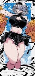  2b_(nier:automata) bare_shoulders black_hairband black_shirt black_skirt blue_eyes breasts cheerleader crop_top dynamic_pose grey_hair hair_over_one_eye hairband highres huge_breasts kinakomochi_(user_vedc2333) looking_at_viewer nier:automata nier_(series) panties pom_pom_(cheerleading) shirt short_hair skirt thick_thighs thighs underwear white_panties wide_hips 