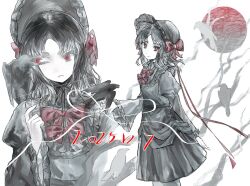 1girl 2025 alternate_costume animal_on_hand animal_on_shoulder bird bird_on_shoulder black_hair bow branch commentary_request crow dated gothic_lolita hand_up hat hat_bow karasuba_dahlia lolita_fashion long_hair long_sleeves looking_at_viewer medalist_(manga) one_eye_closed parted_lips red_bow red_eyes red_ribbon red_sun ribbon silingovo solo white_background white_ribbon 