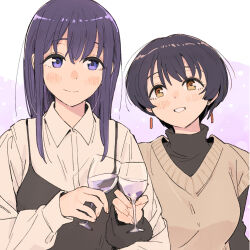  2girls black_dress black_hair black_shirt brown_eyes brown_sweater_vest chang_chin-lan collared_shirt commentary cup dress drink drinking_glass earrings gobou_(kkggbpn4g27) gujyo_kanade highres holding holding_drink jewelry kamiina_botan_yoeru_sugata_wa_yuri_no_hana locked_arms long_hair multiple_girls pinafore_dress purple_hair shirt short_hair sleeveless sleeveless_dress smile sweater_vest turtleneck turtleneck_shirt violet_eyes white_shirt wine_glass yuri 