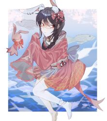  1girl 1other animal_ear_piercing animal_ears asymmetrical_legwear blue_background bow braid eye_piercing fish highres j-core japanese_clothes justcopyy kimono long_sleeves ozigiri pink_kimono puppet rabbit_ears red-framed_eyewear red_eyes side_ponytail sleeves_past_wrists thigh-highs underwater white_thighhighs 