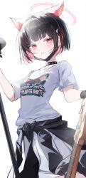 1girl absurdres animal_ears aqua_shirt black_bracelet black_cat black_hair black_mask black_shirt black_skirt black_sweater blue_archive blue_eyes blunt_bangs blush bob_cut bracelet cake cake_print cat cat_ears cat_paws cat_print cat_tail choker clothes_writing collar collarbone cowboy_shot dot_nose dutch_angle electric_guitar glowing_halo guitar hair_intakes hair_ornament hairclip halo heart heart_print highres holding holding_microphone holding_microphone_stand ice_cream ice_cream_cone ice_cream_print kazusa_(band)_(blue_archive) kazusa_(blue_archive) long_sleeves looking_to_the_side mask mask_pull microphone microphone_stand mouth_mask multicolored_shirt orange_shirt parted_lips pink_eyes pink_shirt pleated_dress print_shirt red_eyes red_hair red_halo red_shirt shirt short_sleeves silver_choker simple_background skirt sparkle sparkle_print spiked_choker spiked_collar striped striped_clothes striped_shirt sweater sweater_around_waist syos486581 two-tone_choker two-tone_hair two-tone_halo v-shaped_eyes white_background white_halo white_shirt yellow_shirt