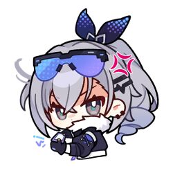  1girl anger_vein blue_eyes chibi chibi_only eyewear_on_head from_side grey_hair hair_ornament hairclip handheld_game_console holding holding_handheld_game_console honkai:_star_rail honkai_(series) jacket looking_at_viewer official_art silver_wolf_(honkai:_star_rail) solo sunglasses turning_head 