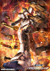  battle_spirits burning commentary_request copyright_notice damaged debris fire gundam gundam_unicorn hangar masukudo_(hamamoto_hikaru) mecha mecha_focus mobile_suit no_humans official_art realistic robot scene_reference science_fiction space_habitat spacecraft_interior sparks sunrise_(company) unicorn_gundam walking 