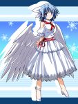  1girl arms_behind_back bare_shoulders blue_hair bow dress hair_bow hemogurobin_a1c high_heels mai_(touhou) ribbon shoes short_hair solo touhou touhou_(pc-98) violet_eyes wings 