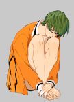  1boy barefoot glasses green_eyes green_hair jacket krt736 kuroko_no_basuke midorima_shintarou sitting solo 