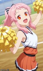 1girl anima_yell! cheering cheerleader hatoya_kohane kirara_fantasia medium_hair orange_skirt pink_eyes pink_hair playground red_eyes school white_dress