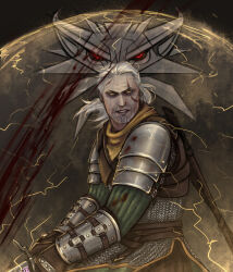  1boy armor beard blood blood_splatter brown_eyes chainmail energy_barrier facial_hair geralt_of_rivia grey_hair highres holding holding_sword holding_weapon long_hair official_alternate_costume pauldrons scar scar_across_eye scar_on_face shoulder_armor solo sword the_witcher_(series) the_witcher_3 trem0rr weapon 