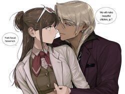  1boy 1girl ace_attorney amikoiiko apollo_justice:_ace_attorney black_shirt blonde_hair blush breast_pocket brown_hair buttons chain chain_necklace closed_mouth dark-skinned_male dark_skin drill_hair ema_skye english_commentary english_text eye_contact eyewear_on_head facing_to_the_side fingernails green_eyes green_vest grey_eyes gyaruo half_updo highres hug hug_from_behind jacket jewelry klavier_gavin lab_coat lapels light_smile long_hair long_sleeves looking_at_another mismatched_eyebrows nail_polish neckerchief necklace notched_lapels open_collar pink-tinted_eyewear pink_nails pink_shirt pocket popped_collar purple_jacket red_neckerchief shirt side_drill simple_background speech_bubble suit_jacket sunglasses teamfourstar tinted_eyewear upper_body vest waistcoat white-framed_eyewear white_background 