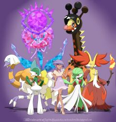  1girl absurdres black_eyes blue_pupils blue_sclera bright_pupils brown_eyes closed_mouth colored_sclera commentary delphox earrings email_address english_commentary espathra eyelashes eyeshadow facebook_logo facebook_username farigiraf fire florges florges_(red_flower) full_body gallade gardevoir high_heels highres holding holding_stick holding_tera_orb instagram_logo instagram_username jewelry lips lipstick makeup pokemon pokemon_(creature) pokemon_scarlet_and_violet pokemon_team psychic_type_theme_(pokemon) purple_background purple_hair purple_lips purple_skirt red_eyes shadow shirt shoes short_hair short_sleeves simple_background skirt smile sparkle standing stick tera_orb terastallization tulip_(pokemon) twitter_logo twitter_username white_eyes white_pupils white_shirt white_shoes wolfspiderlex 