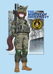  1girl absurdres ammunition_pouch animal_ears assault_rifle blue_border boots border brown_hair brown_tail bulletproof_vest camouflage camouflage_jacket camouflage_pants check_copyright closed_mouth combat_helmet copyright_request full_body goggles goggles_on_head gun handgun helmet highres holding holding_weapon horse_ears horse_girl horse_tail jacket knee_pads looking_at_viewer military military_combat_uniform military_uniform original pants pouch rifle solo standing tactical_gloves tail tuziki_sang umamusume violet_eyes weapon weapon_request 