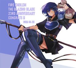  1girl anniversary armor artist_name blue_armor blue_eyes blue_hair boots breastplate commentary_request congratulations copyright_name dated farina_(fire_emblem) fingerless_gloves fire_emblem fire_emblem:_the_blazing_blade gloves highres holding holding_polearm holding_weapon looking_at_viewer money_bag polearm shoulder_armor skirt smile spear teeth thigh_boots wdyamnte weapon 