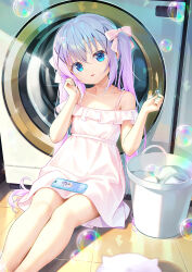  1girl blue_eyes bow cellphone commentary_request dress earphones gochuumon_wa_usagi_desu_ka? hair_ornament highres kafuu_chino laundry_basket long_hair looking_at_viewer on_floor open_mouth phone pink_bow sitting smartphone soap_bubbles solo sundress taku_michi tile_floor tiles twintails washing_machine white_dress white_hair wireless_earphones x_hair_ornament 