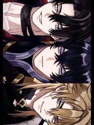  3boys bandaged_neck bandages black_bandages black_coat black_hair black_shirt blonde_hair blue_eyes coat commentary_request crossed_bangs genshin_impact grey_hair highres male_focus multicolored_hair multiple_boys parted_bangs purple_hair scar scar_on_face scar_on_neck shirt short_hair sideways streaked_hair twitter_username u6ns6b6 valeriy_(genshin_impact) varka_(genshin_impact) wriothesley_(genshin_impact) 
