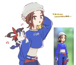  2girls :o beanie belt belt_buckle blue_belt blue_shirt brown_hair buckle crop_top earrings floette floette_(eternal) flower hand_on_own_head harmony_(pokemon) hat highres holding holding_flower jewelry looking_at_another multiple_girls musical_note obvekucy7e54886 pokemon pokemon_(creature) pokemon_legends:_z-a reference_inset shirt translation_request triangle_earrings white_background 