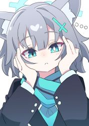  1girl absurdres animal_ear_fluff animal_ears blazer blue_archive blue_eyes blue_halo blue_scarf commentary_request cross_hair_ornament ferumon grey_hair hair_ornament halo highres jacket long_sleeves looking_at_viewer medium_hair mismatched_pupils portrait scarf school_uniform shiroko_(blue_archive) shiroko_(young)_(blue_archive) solo upper_body white_background wolf_ears wolf_girl 