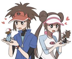  2boys 2girls :d blue_jacket bright_pupils brown_eyes brown_hair commentary_request ddakji_0025 double_bun hair_bun heart highres hilbert_(pokemon) hilda_(pokemon) jacket korean_commentary light_blush long_hair mini_person miniboy minigirl multiple_boys multiple_girls nate_(pokemon) open_mouth pokemon pokemon_black_2_and_white_2 pokemon_black_and_white raglan_sleeves rosa_(pokemon) shirt short_hair smile teeth three-quarter_sleeves twintails upper_teeth_only visor_cap white_pupils zipper_pull_tab 