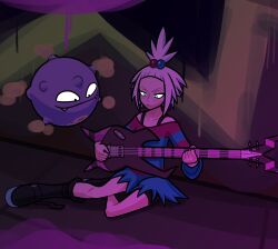  1girl absurdres black_boots blue_eyes boots fangs freckles full_body guitar hair_bobbles hair_ornament highres holding holding_guitar holding_instrument holding_plectrum instrument koffing legruvo lying on_side plectrum pokemon pokemon_(creature) pokemon_black_2_and_white_2 purple_theme roxie_(pokemon) spanish_commentary topknot white_hair 