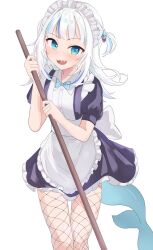  1girl alternate_costume apron black_dress blue_eyes blue_streaks blue_tail blush dress fins fish_tail fishnet_pantyhose fishnets gawr_gura highres hololive hololive_english looking_at_viewer maid maid_apron maid_headdress medium_hair multicolored_hair open_mouth pantyhose rimu_(user_akkm3425) shark_girl shark_tail sharp_teeth smile solo streaked_hair tail teeth two_side_up virtual_youtuber white_apron white_hair white_headdress 