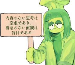  1other chef_hat closed_mouth colored_skin deltarune green_(deltarune) green_hair green_hat green_jacket green_shirt green_skin hat highres holding holding_sign horo_(horo_off215) jacket long_hair long_sleeves looking_at_viewer other_focus shirt sign simple_background smile solo translation_request upper_body utdr_(toby_fox) variant_set white_background 