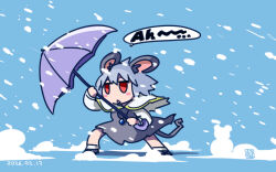  1girl animal_ears blush_stickers capelet commentary_request cookie_(touhou) dated dress english_text full_body grey_dress grey_hair highres holding holding_umbrella itini-sanshi kofji_(cookie) long_sleeves mouse_ears mouse_girl mouse_tail nazrin open_mouth purple_umbrella red_eyes shirt short_hair snow snowing snowman solo tail touhou umbrella white_capelet white_shirt wind 