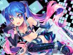  1girl blue_eyes blue_hair boots daystar elbow_gloves flat_chest gloves hatsune_miku highres long_hair open_mouth pink_hair skirt solo thigh_boots thighhighs twintails very_long_hair vocaloid 