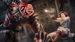  1boy 1girl arm_belt black_gloves black_skirt blood blue_tube_top boots brown_boots brown_hair clothes_around_waist commission fingerless_gloves firing gloves gun holding holding_gun holding_weapon jill_valentine leather miniskirt nemesis_(resident_evil) resident_evil resident_evil_3:_nemesis sarakpn short_hair single_blank_eye skirt strapless sweater sweater_around_waist tentacles tube_top weapon 