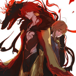  1boy 1girl aged_down ahoge blue_jacket borrowed_design bow braid brown_eyes brown_hair cape commentary_request fate/apocrypha fate/extra fate/extra_ccc fate_(series) fur-trimmed_cape fur_trim hair_bow highres jacket jinako_carigiri karna_(fate) kavacha_(fate) konoyono_(tuki_hana_teppou) kundala_(fate) medium_hair prototype_design red_eyes red_hair school_uniform sidelocks single_braid skinny wolf yellow_cape 
