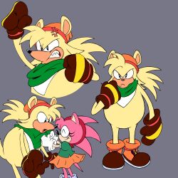  1boy 1girl absurdres amy_rose anger_vein bark_the_polar_bear beanie bear_boy clenched_hands clenched_teeth closed_eyes closed_mouth cosmicseternity english_commentary fangs furry furry_female furry_male green_scarf grey_background hat hedgehog_girl highres multiple_views open_mouth orange_hat pink_fur scarf smile sonic_(series) teeth yellow_fur 